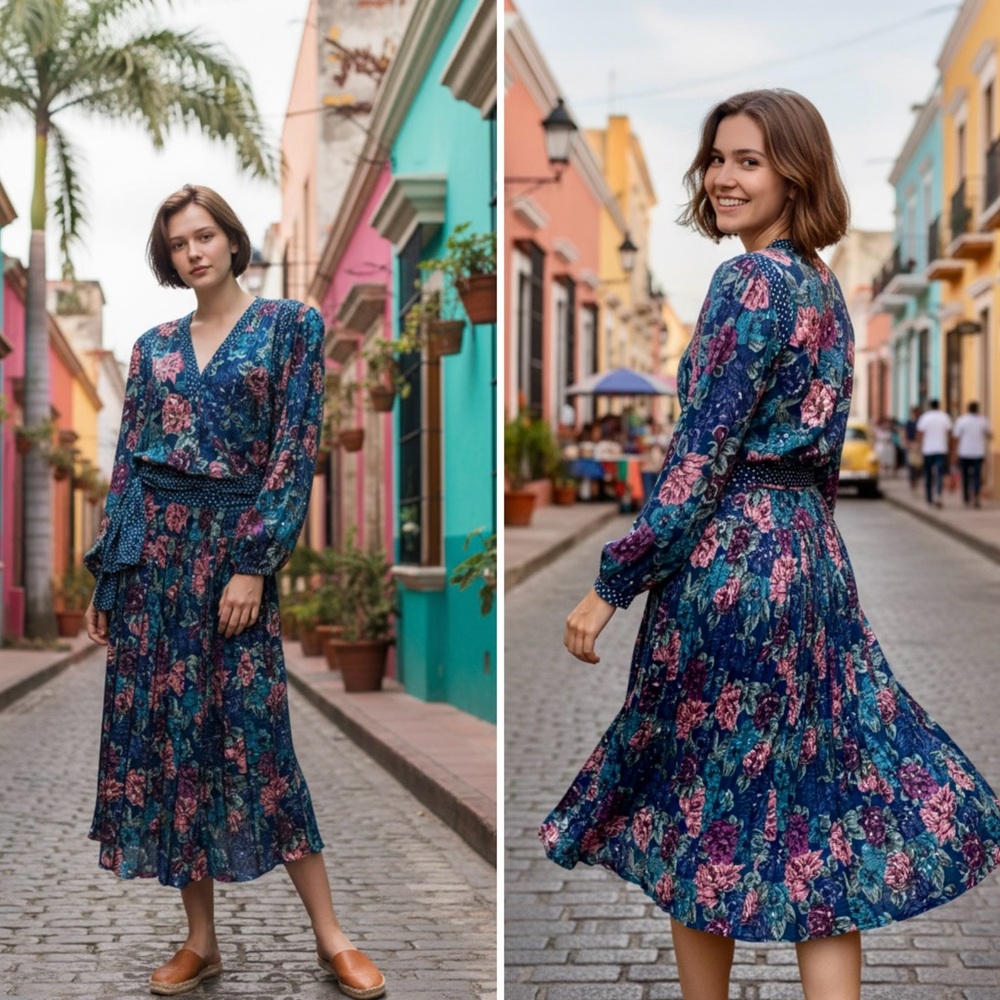 VINTAGE DIANE FREIS GEORGETTE 1980s  FLORAL BLOUSE AND SKIRT SET.🥰